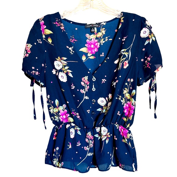 MOA MOA Women’s Navy Blue Floral Top‎ V Neck with tie sleeve, Size Small. - Picture 1 of 7